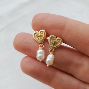 Gold  Heart and Natural Freshwater Pearl Earrings, Mother of pearl stud earrings, Ancient Greek Inspired, Bridal, Romantic, Elegant Dangle