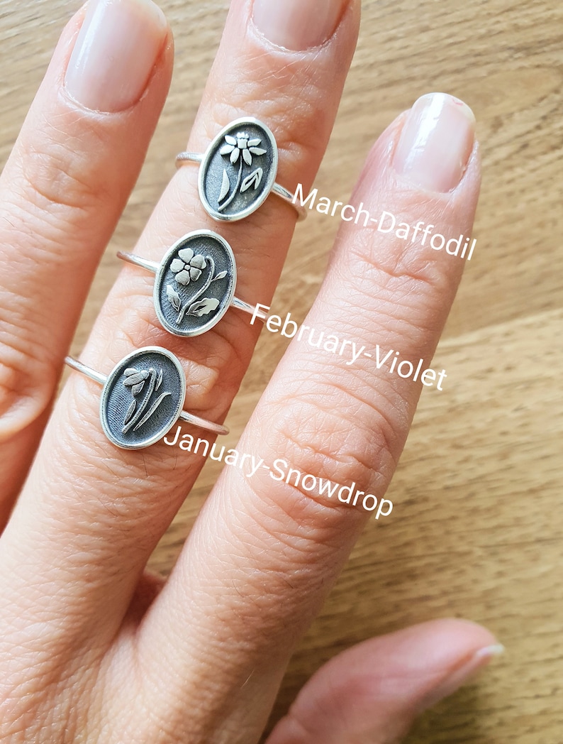 Anello con fiore di nascita in argento sterling - Anello della mamma - Anello di famiglia - Anello di compleanno - Regalo per damigella d'onore - Anello delicato immagine 5