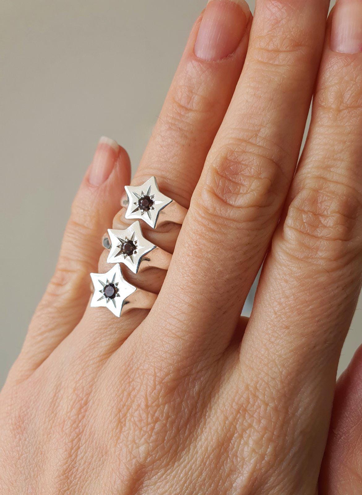 Sterling Silver Star Signet ring , Shooting Star Ring with  natural faceted Smokey Quartz , Good Luck Ring, Statement Star Chevalier