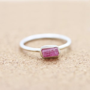 Sterling Silver Raw Pink Tourmaline Ring - Rough Gemstone Ring- Stacking Ring -Boho Ring - Raw Crystal -October Birthstone