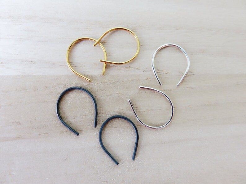 Upside Down Teardrop Hoop Horse Shoe Earrings-Minimal Earrings-Open Hoop-Sterling Silver,Oxidized Silver and Gold