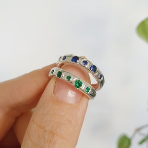 Multi Gemstone Sterling Silver Band , Cast not Set Ring ,Organic Shaped Ring ,Lab Created Sapphires and Emerlds , OOAK ring