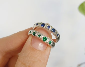 Multi Gemstone Sterling Silver Band , Cast not Set Ring ,Organic Shaped Ring ,Lab Created Sapphires and Emerlds , OOAK ring