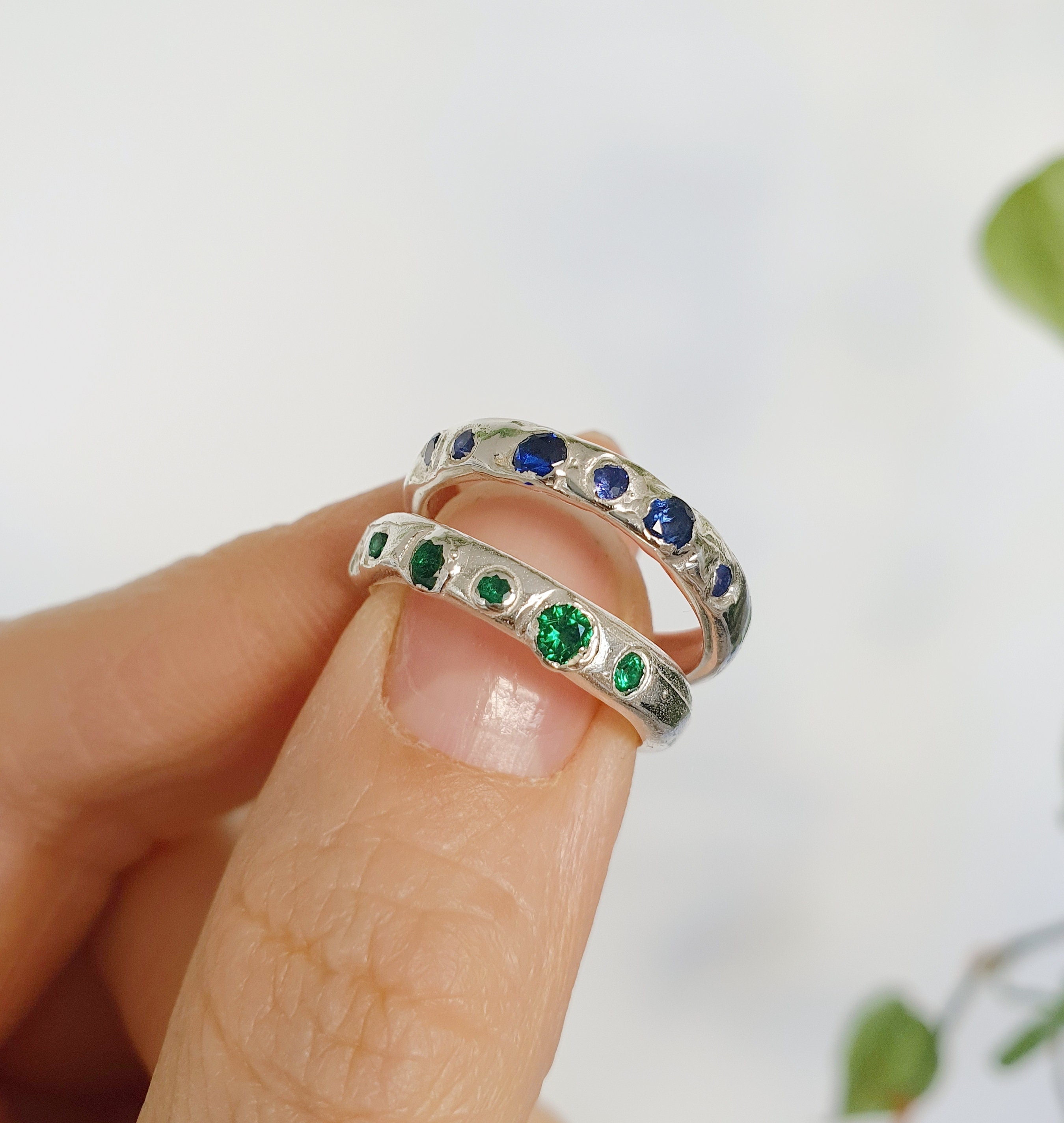 Multi Gemstone Sterling Silver Band , Cast Not Set Ring ,organic Shaped Ring  ,lab Created Sapphires and Emerlds , OOAK Ring - Etsy