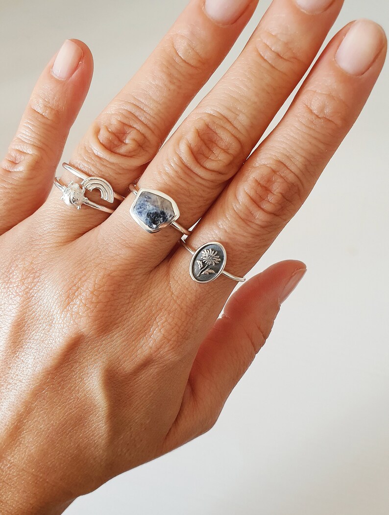 Pu&ograve; includere: Una mano con tre anelli d'argento. L'anello sul dito medio ha una pietra blu, l'anello sull'indice ha un design arcobaleno e l'anello sull'anulare ha un design floreale.
