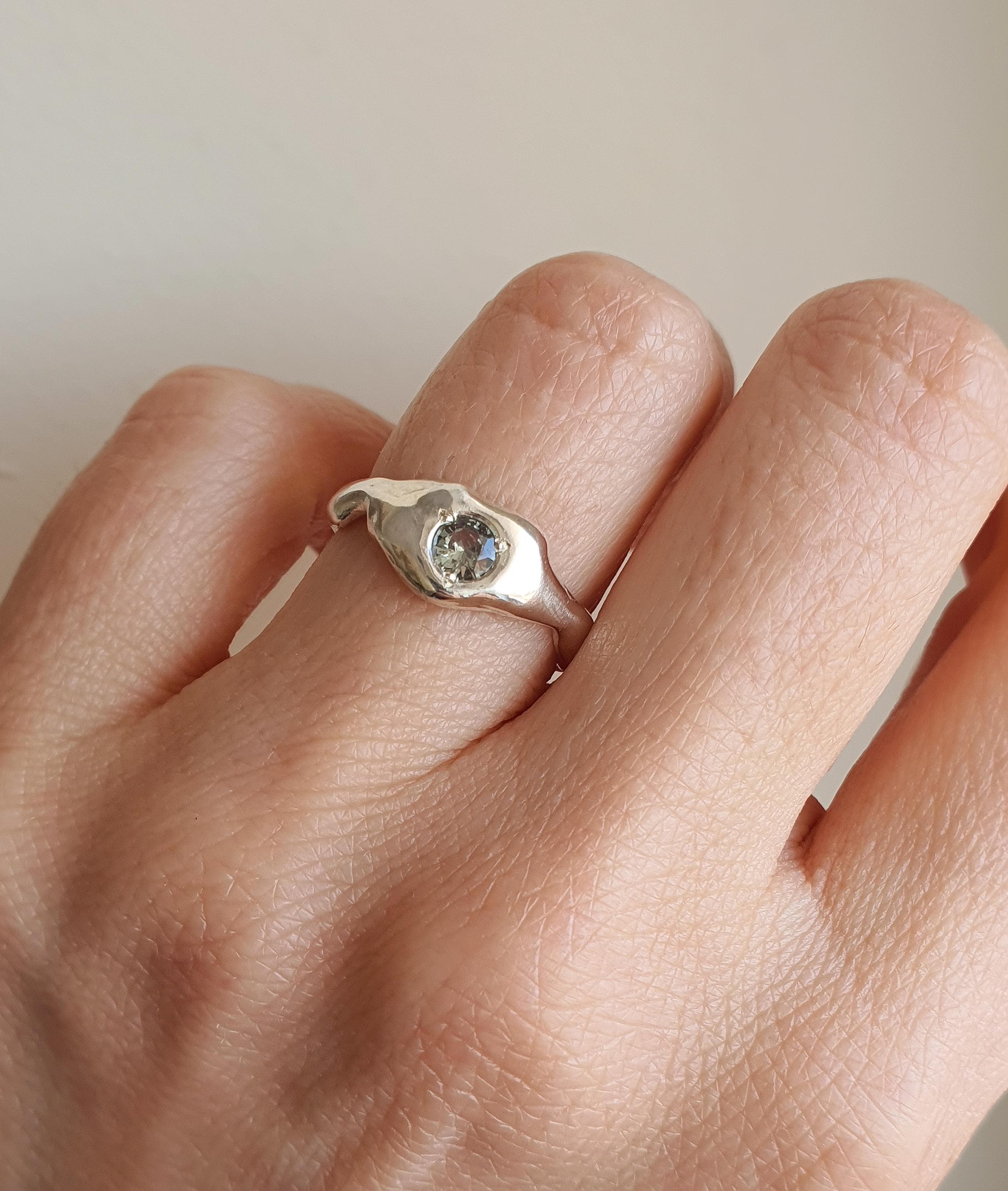 Sterling Silver Molten Ring with Green Tourmaline, Organic Dainty…
