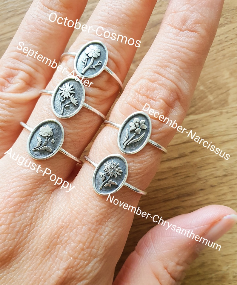 Pu&ograve; includere: Cinque anelli d'argento con diversi disegni di fiori. Ogni anello ha un mese e il nome del fiore incisi sulla fascia. Gli anelli sono disposti su una mano, con l'anello di Ottobre-Cosmos sull'indice, l'anello di Settembre-Aster sul medio, l'anello di Dicembre-Narciso sull'anulare, l'anello di Agosto-Papavero sul mignolo e l'anello di Novembre-Crisantemo sul pollice.