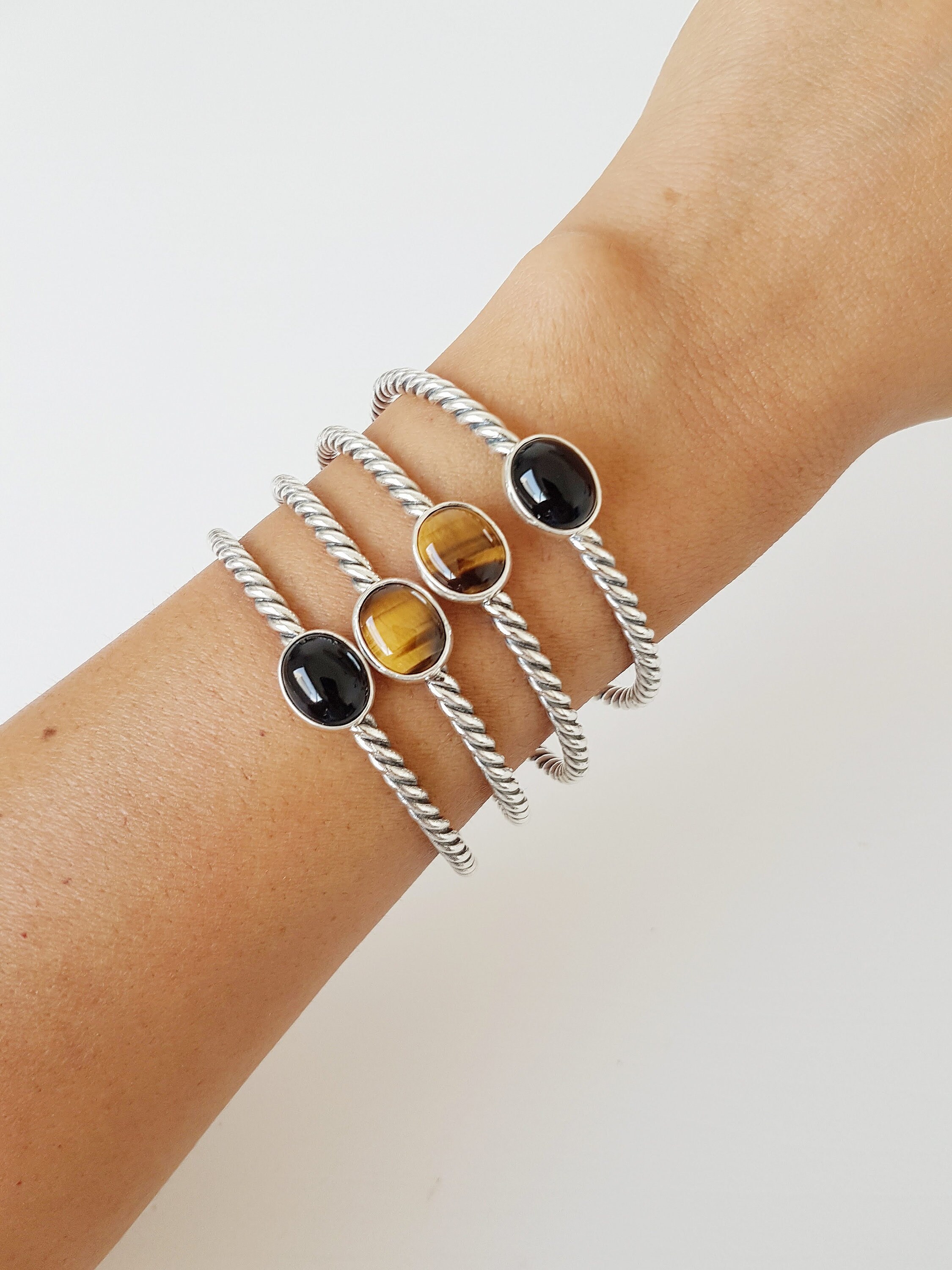Bracelet Manchette Bohème Plaqué Argent 925 Avec Onyx Noir - Réglable, Fait Main, Style Ethnique