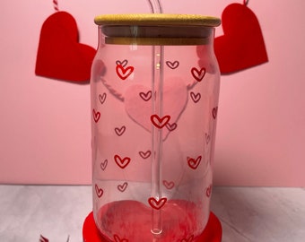 Valentine's Day Hearts Glass Iced Coffee Cup, Libbey Glass, Hearts, Soda Can Glass With Lid and Straw, Gift for her, Valentine's Day Gift
