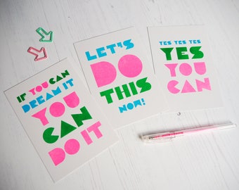 Motivational Print Set of 3 - Selection of Typographic Mini Prints of positivity - Risograph prints A6