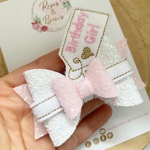 Birthday Girl Hair Bow - Pink Glitter Birthday Hair Bow - Birrhday Gift - Birthday Girl Headband