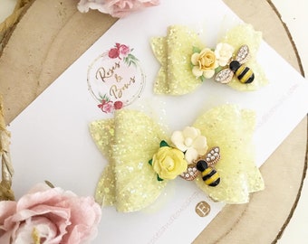 Yellow Bee Hair Bow Headband - Bee Bow Headband - Bee Glitter Tulle Headband - Baby Hairband