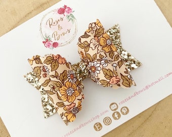 Gold floral hair bow - flower headband - faux leather hair bow - leather bow - Baby Headband - Girls Headband - Glitter flower bow - gift