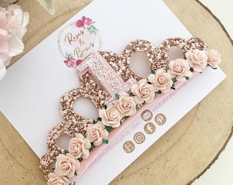 Birthday tiara - birthday photo shoot prop - glitter crown - cake smash - rose gold - baby / girls birthday - 1st, 2nd - stretch tiara -