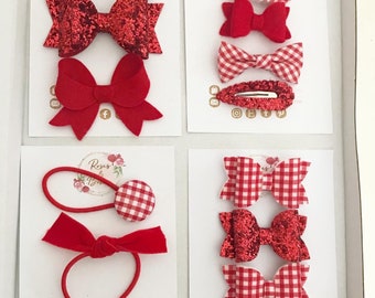 Red School Set - Red Hair Bows - Red Glitter Bows - Back to School Hair Clips