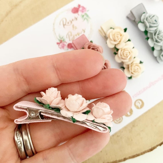 RosesandBowsShop Neutral Rose Fringe Clips - Small Flower Clips - Mini Clips - Clip Pack - Hair Clips - Fringe Hair Clip