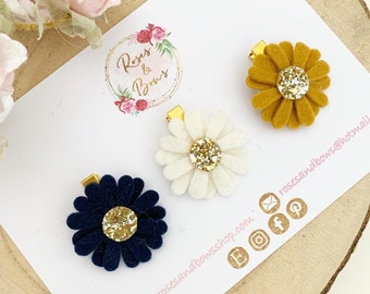 Navy, Cream and Mustard Daisy Hair Clip Set - Felt glitter alligator clip set - Mini clip set -small clip - fringe clip set -clips for bangs