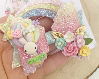 Easter bunny hot air balloon rainbow hair bow - Bunny headband - Easter hair bow - rabbit glitter bow - Baby Headband - Girls Headband