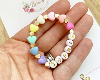 Girls Personalised Bracelet - Beaded Name Bracelet - Kids Bracelet - Rainbow Bead Bracelet - Heart Braceket- Girl Gift