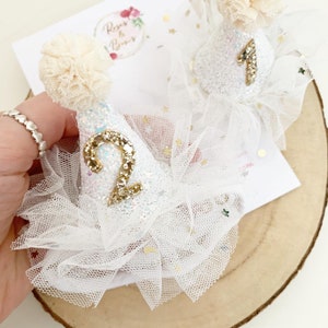 Mini Birthday Party Hat - Birthday Party Crown - First birthday, second birthday etc - cake smash prop - photo prop White Ivory