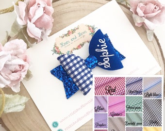 Personalised Name School Bow - Gingham Hair Bow- Personalised Glitter Bow - Name Bow - Name Headband - Glitter Headband - Baby Headband