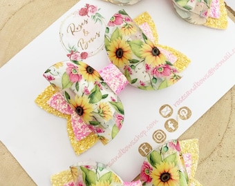 Sunflower hair bow - transparent hair bow - Hair bow clip of headband - Glitter hair bow