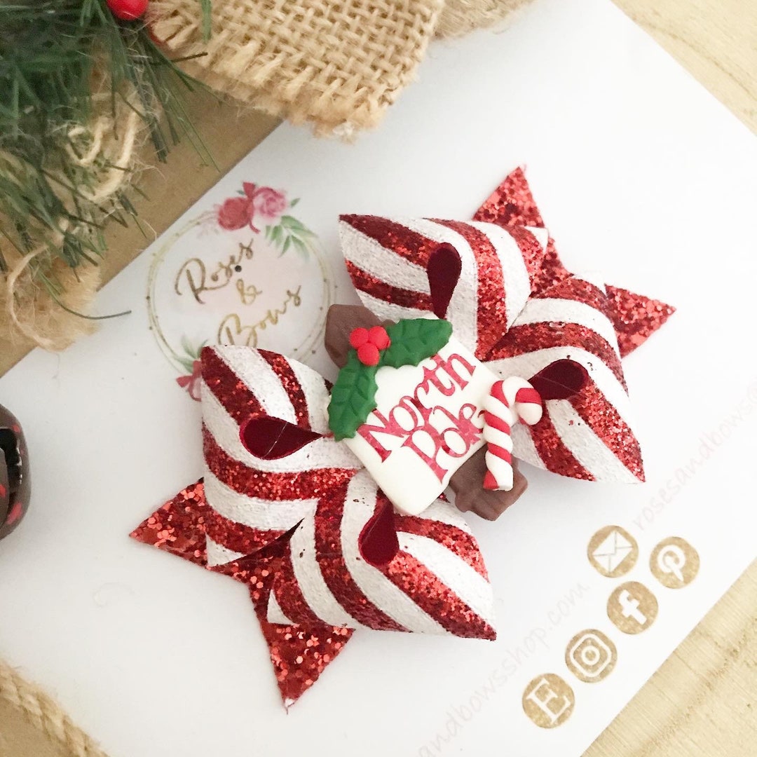 North Pole Candy Cane Hair Bow - Christmas Headband - Glitter Hair Bow ...