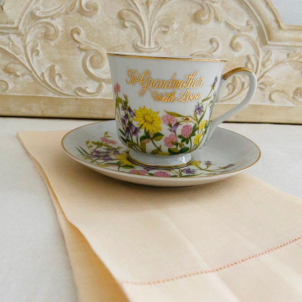 Vintage  To Grandmother With Love Porcelain Tea Cup/Saucer  1940s