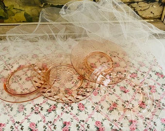 Lovely Set of 4 Mismatched   Pink Blush Glass Luncheon Plates/Romantic/Bridal Shower