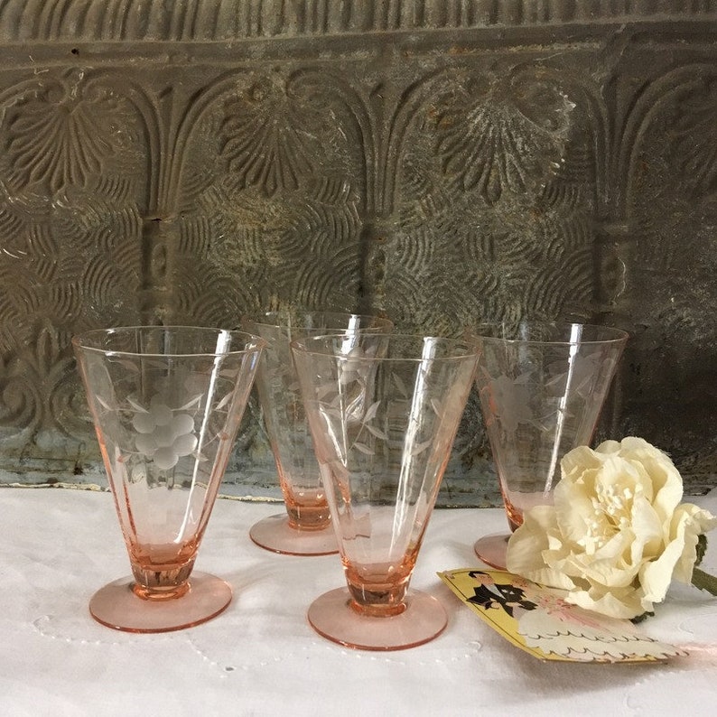 Elegant Etched Vintage Pink Depression Glass Footed Glasses Etsy