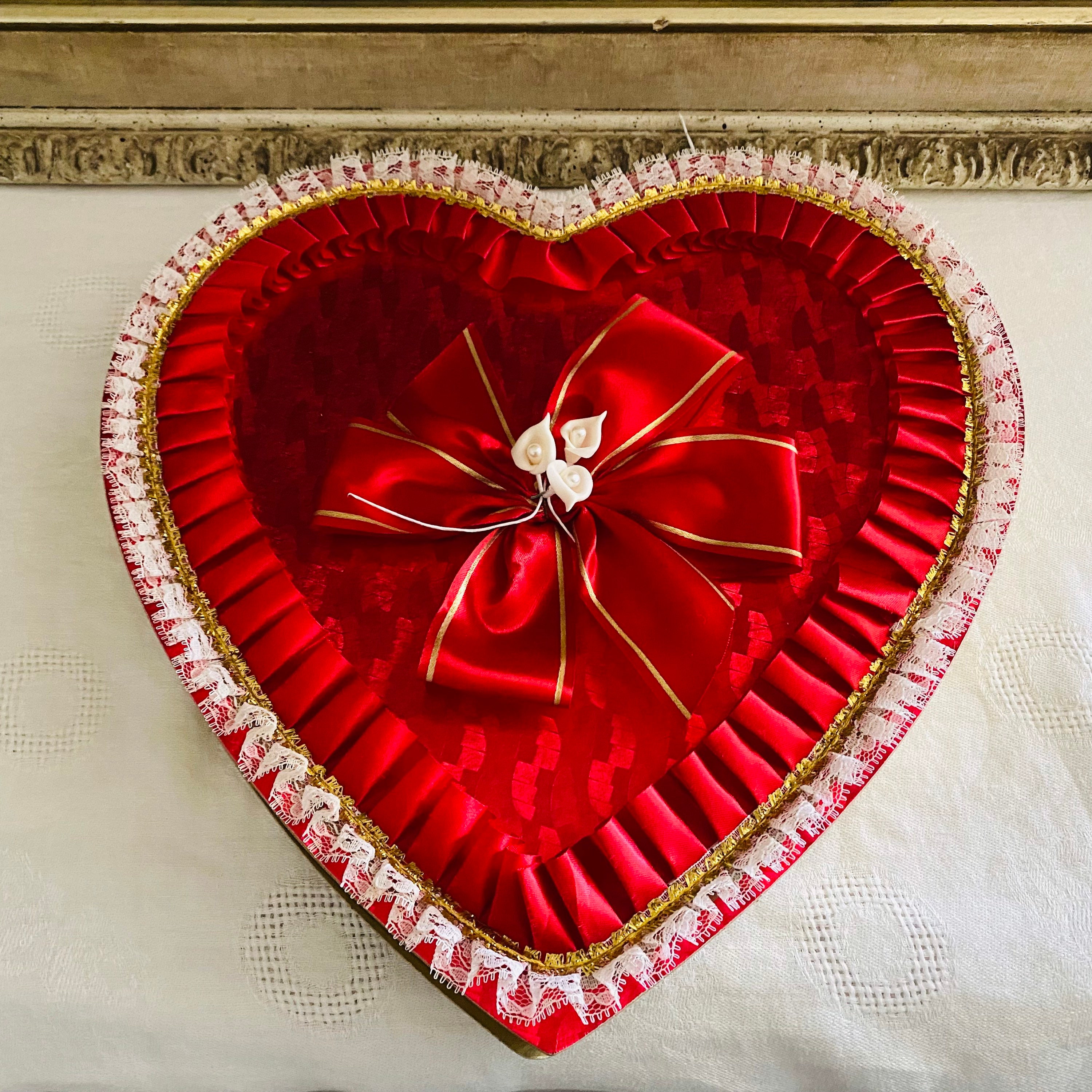 Large Vintage Valentine Heart Candy Box Red Satin and Flowers