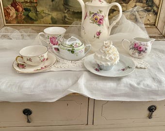 Vintage Mismatched Pink Floral Tea Set: 10 Piece Porcelain Collection