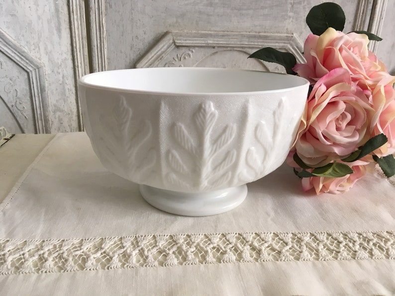 Elegant Vintage F.T.D Footed Milk Glass Jardiniere Oak Leaf Pattern
