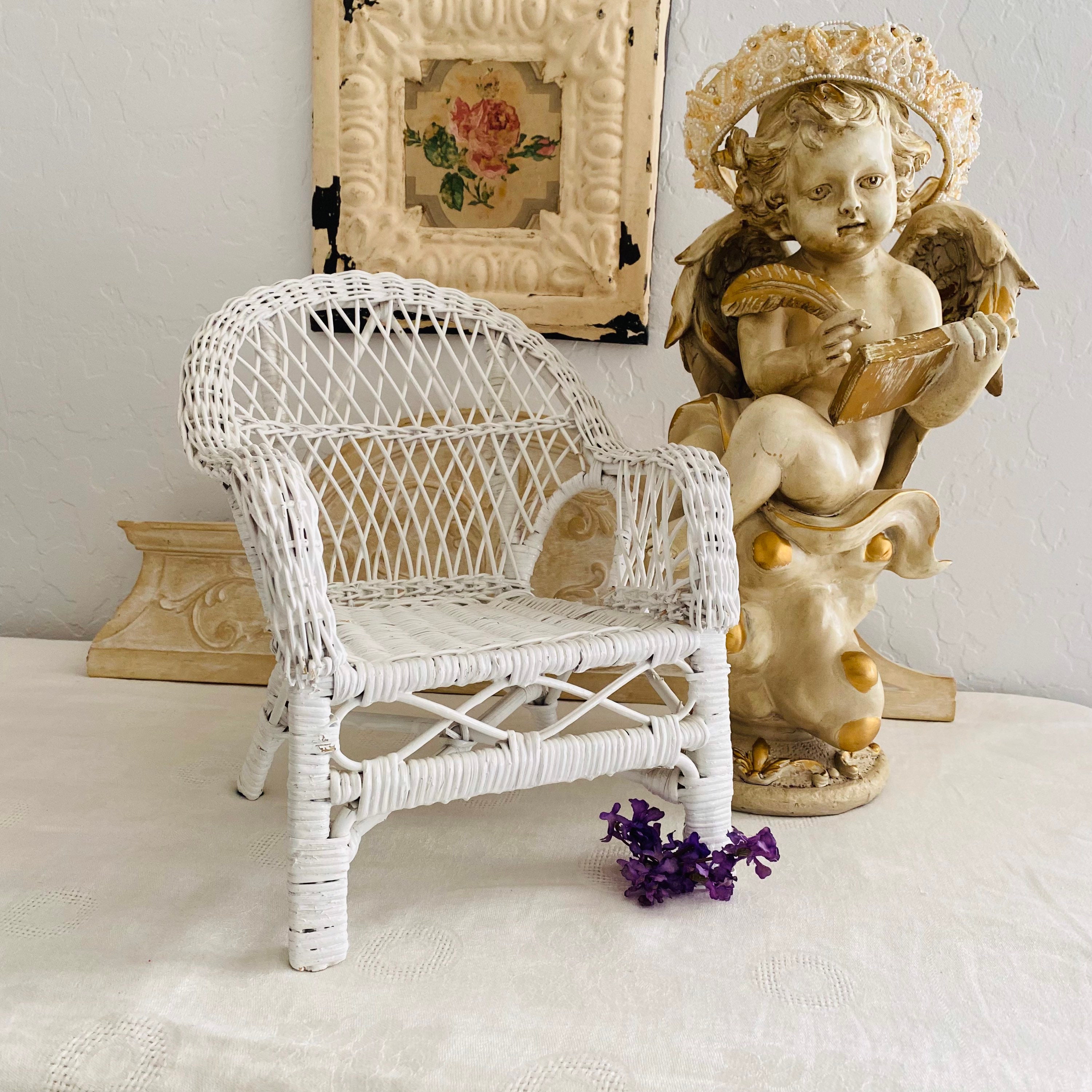 Vintage White Wicker Heart Shaped Doll Chair, 9.5 Tall
