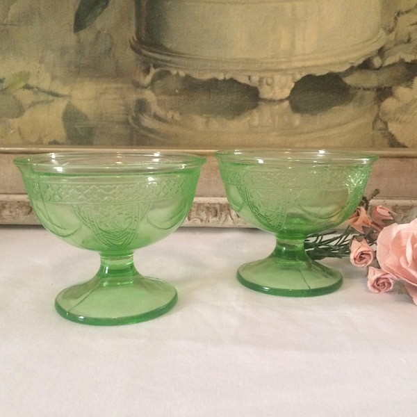 Vintage Pair of Vaseline Glassware Dessert or Champagne Glasses