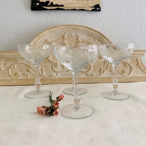 BIG DISCOUNT***Vintage Etched  Pedestal Champagne Coupe  Glasses Set of 4