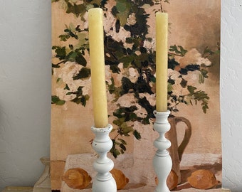 Vintage White Chippy Wooden Candlesticks - Farmhouse Decor, Set of 2