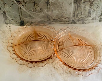 Vintage Pink Depression Glass Divided Plates Set of 2