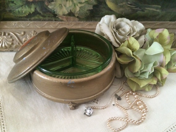 Antique 1920s Rococo Style  Jewelry Box w/ Green … - image 2