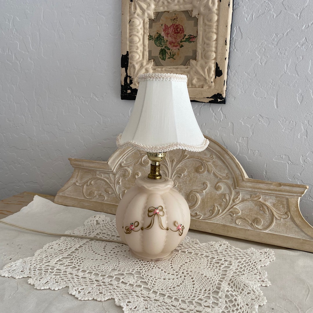 Darling Vintage Pink Glass Lamp With Hand Painted Gold Etsy