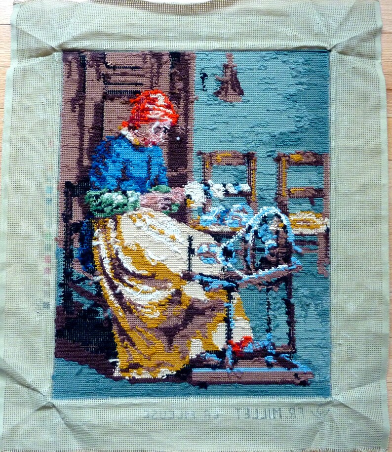 Vintage Finished / Completed Needlepoint Woman Spinning Wool Etsy