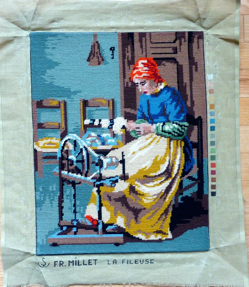 Vintage Finished / Completed Needlepoint Woman Spinning Wool Etsy