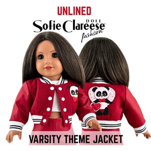 May include: A doll wearing a red varsity jacket with white snap buttons, striped cuffs, and a panda graphic on the chest. The back of the jacket features a large panda illustration holding a red heart. Text reads UNLINED Sofie Clareese DOLL fashion.