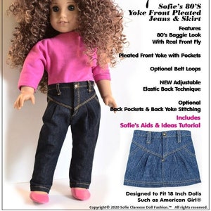 Padrão de roupas de boneca de 18 polegadas - Jeans e saia plissados da Sofie&#39;s 80&#39;s Yoke Front - PDF digital por Sofie Clareese Doll Fashion