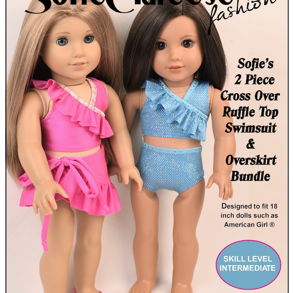 18 Inch Doll Clothes Pattern Sofie’s 2 PC Ruffle Swimsuit & Cover Up Skirt Set Digital PDF by Sofie Clareese Doll Fashion