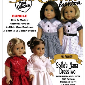 Può includere: Un modello digitale per realizzare abiti per bambole. Il modello è per un vestito per bambole di 45,7 cm, come le bambole American Girl. Il modello include quattro corpetti tutto in uno, tre stili di gonna e due stili di colletto. Il modello si chiama "Sofie's Nana Dress Two" ed è un modello di livello intermedio.