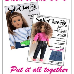 18-Zoll-Puppenkleidung Schnittmuster-Sofie's 80's Bundle -Passe vorne Jeans & Rock, Fledermausflügel T-Top-Digital PDF von Sofie Clareese Doll Fashion