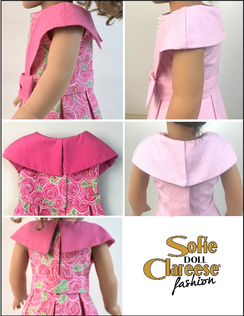 May include: A pink dress with a floral print and a large pink collar. The dress has a bow at the waist and short sleeves. The dress is designed for a doll. The image includes the text "Sofie Doll Claresse fashion".