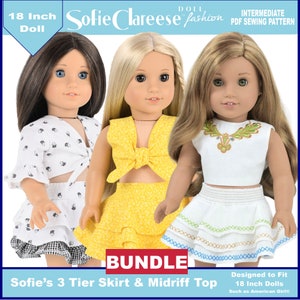 May include: A bundle of three sewing patterns for 18 inch dolls. The patterns are for a 3-tier skirt and midriff top. The patterns are designed to fit 18 inch dolls such as American Girl dolls. The patterns are shown on three dolls with different hair colors and skin tones. The dolls are wearing the finished garments. The patterns are called "Sofie's 3 Tier Skirt & Midriff Top".
