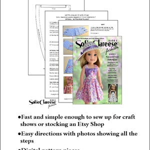 May include: A digital sewing pattern for a 18-inch doll sundress. The pattern includes instructions and photos for making a "Sofie's Pleasant Day Sundress" with a floral print. The pattern is described as "quick and easy" and includes digital pattern pieces and written instructions.